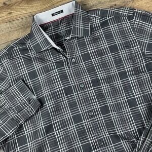Bugatchi Uomo Dress Shirt Men Large Black Gray‎ Plaid Shaped Fit Flip Cuff